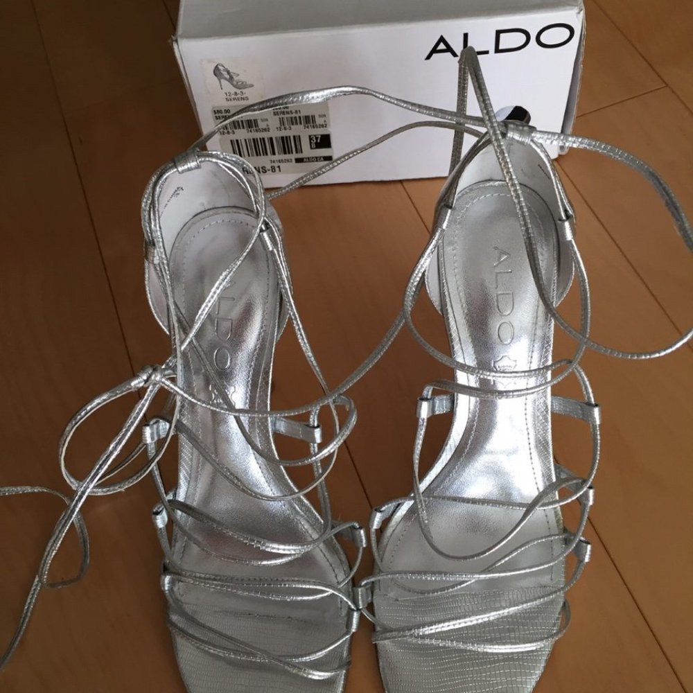 ALDO, SILVER LACE SEXY HIGH HEEL SANDALS, SZ.37 - Picture 2 of 7